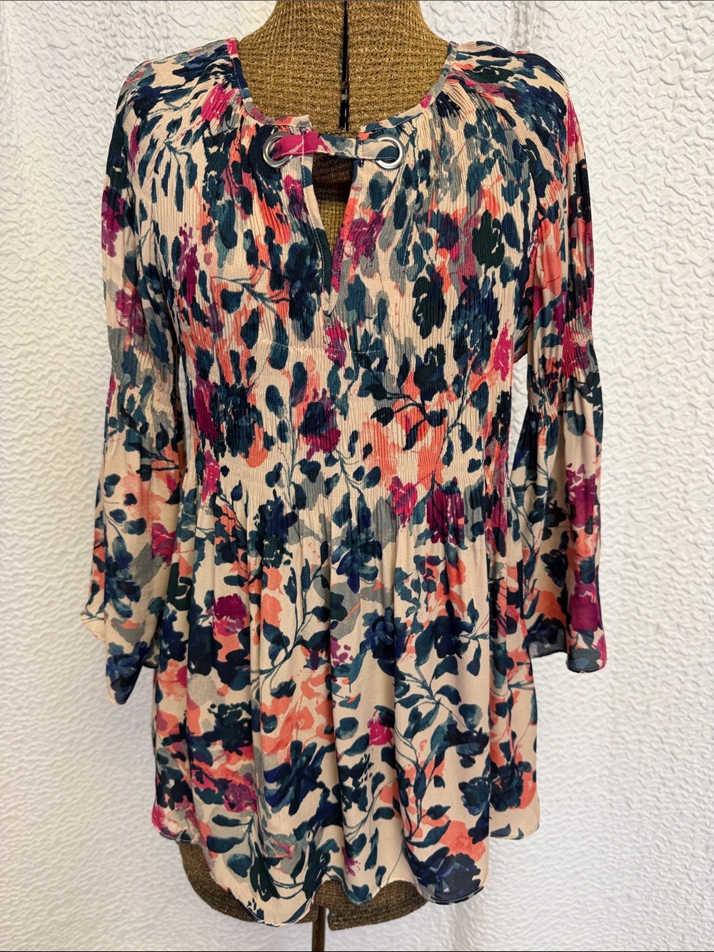 Spense Floral Peasant Tunic - Pink, Navy & Cream Size Small